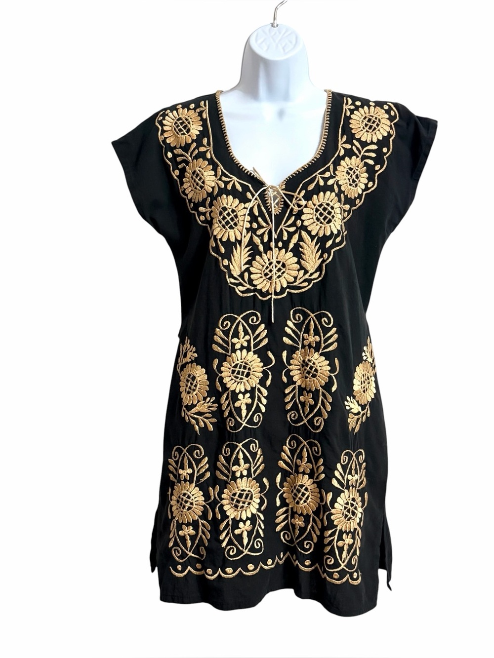 Boho Floral Embroidered Mexican Mini Dress Womens S Black Tan Back Tie Festival